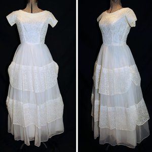 VTG White Chiffon & Ivory Lace Wedding Prom Dress